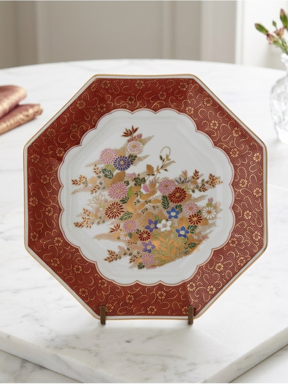 Floral Octagonal Decorative Plate in Red Orange and Gold